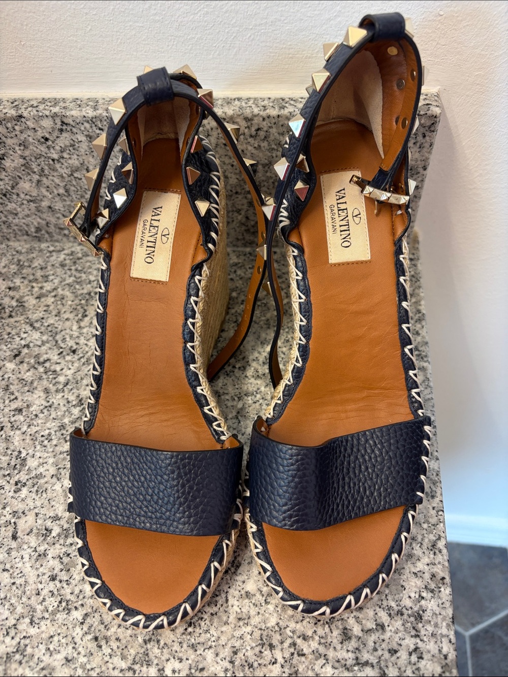 Valentino  authentic Navy Leather Studded Espadrille Wedge Sandals size 37 usa 7
